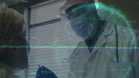 Healthcare professional conducting test with data processing animation overlay in lab
