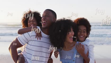 animación de alegría texto repetido sobre una feliz familia afroamericana en una playa soleada en tiempo de navidad