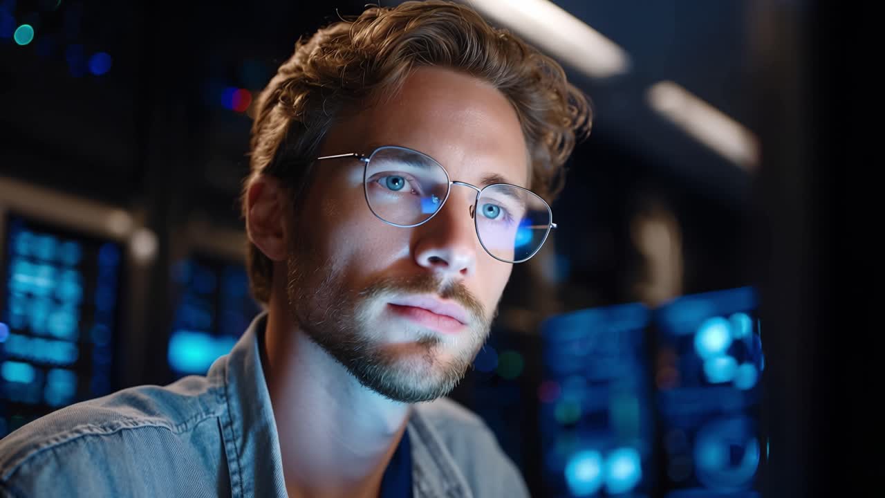 Focused Young Man with Glasses Engaged in Technology, Deep in Thought, Surrounded by Digital Displays and Monitors, Showcasing Intense Concentration
