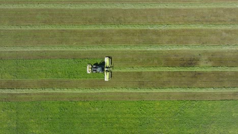 aerial establishing view of a tractor mowing a fresh green grass field, a farmer in a modern tractor preparing food for farm animals, sunny summer day, ascending birdseye drone dolly shot moving left