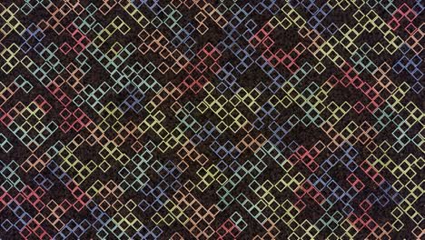 juego de computadora en línea con las coloridas siluetas en forma de cuadrado en movimiento en un fondo oscuro, bucle sin costuras. animación. pequeños rectángulos como la interfaz de un juego retro simple.