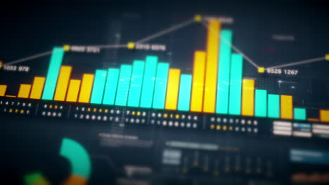 Business-stock-market,-trading,-info-graphic-with-animated-graphs,-charts-and-data-numbers-insight-analysis-to-be-shown-on-monitor-display-screen-for-business-meeting-mock-up-theme