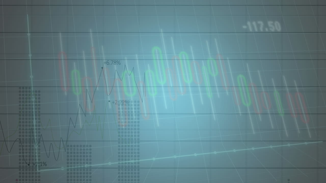 Animation of multiple graphs with numbers changing against abstract background