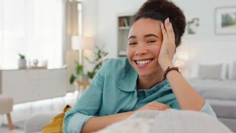 black woman, face and relax with home and success