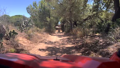 Point-of-View-Of-Driver-Driving-Through-Lush-Bushy-Grasslands-In-Albufeira-Portugal