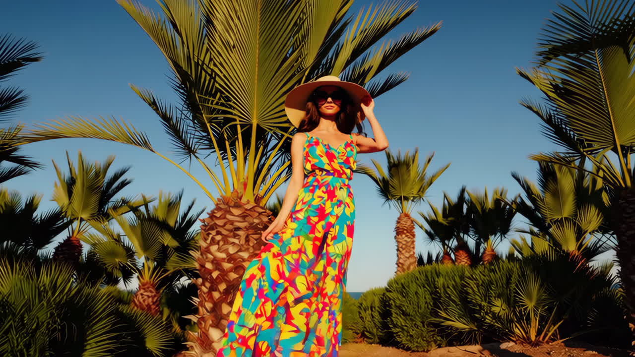 A woman in a colorful outfit with a sun hat and sunglasses among palm trees, enjoying a tropical vacation