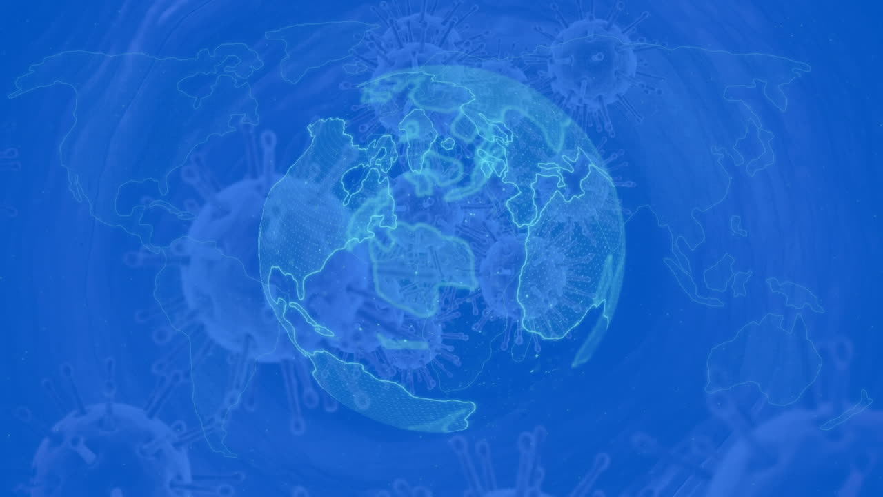 연결과 함께 전 세계 코로나 19 세포의 애니메이션