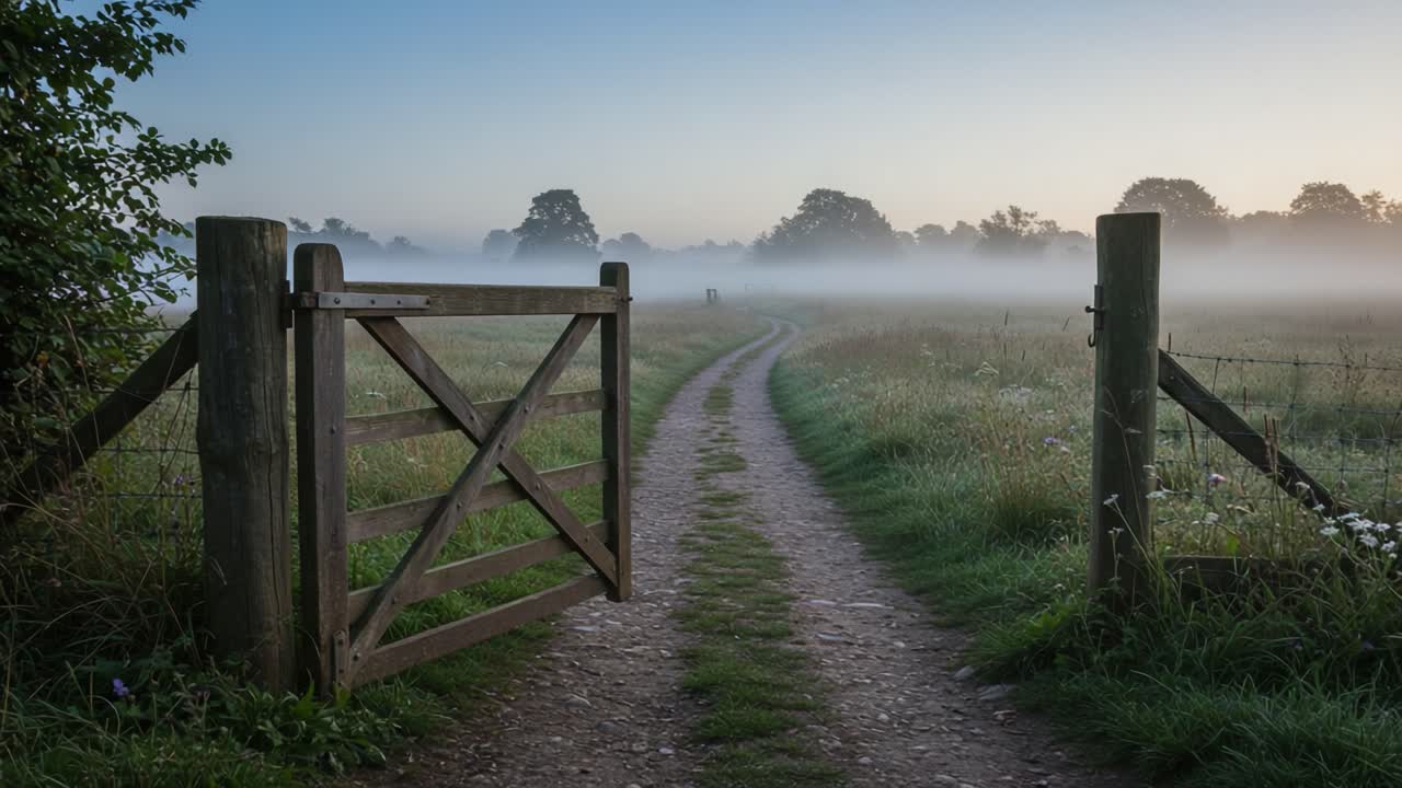 A Serene Walk Through a Misty Pathway: Capturing the Tranquil Beauty of Nature at Dawn, Framed by an Inviting Wooden Gate