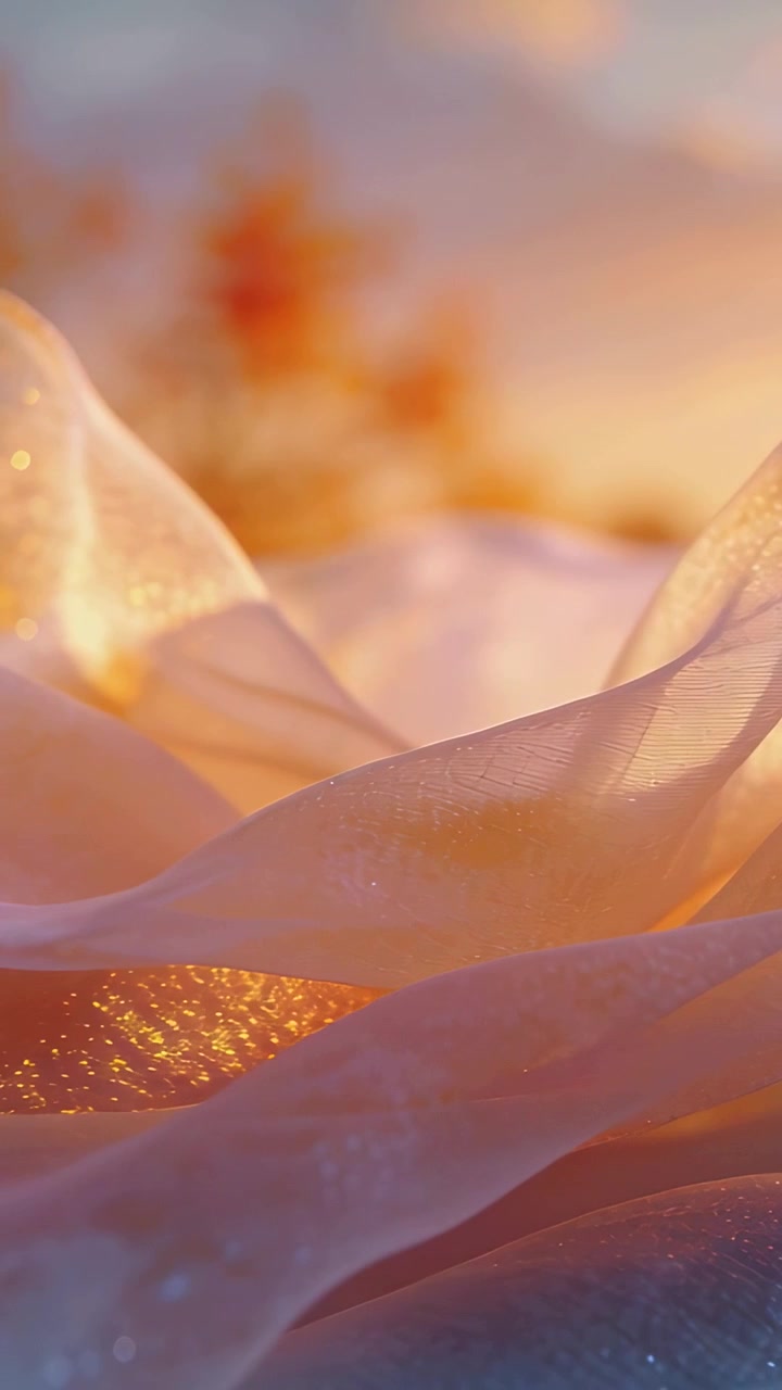 Video verticale: Luce calda che accarezza un tessuto trasparente che si muove in studio, mostrando glitter che catturano la luce.