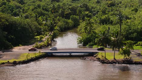 pequeño puente de pueblo que cruza el río con coches que pasan por encima en la polinesia francesa