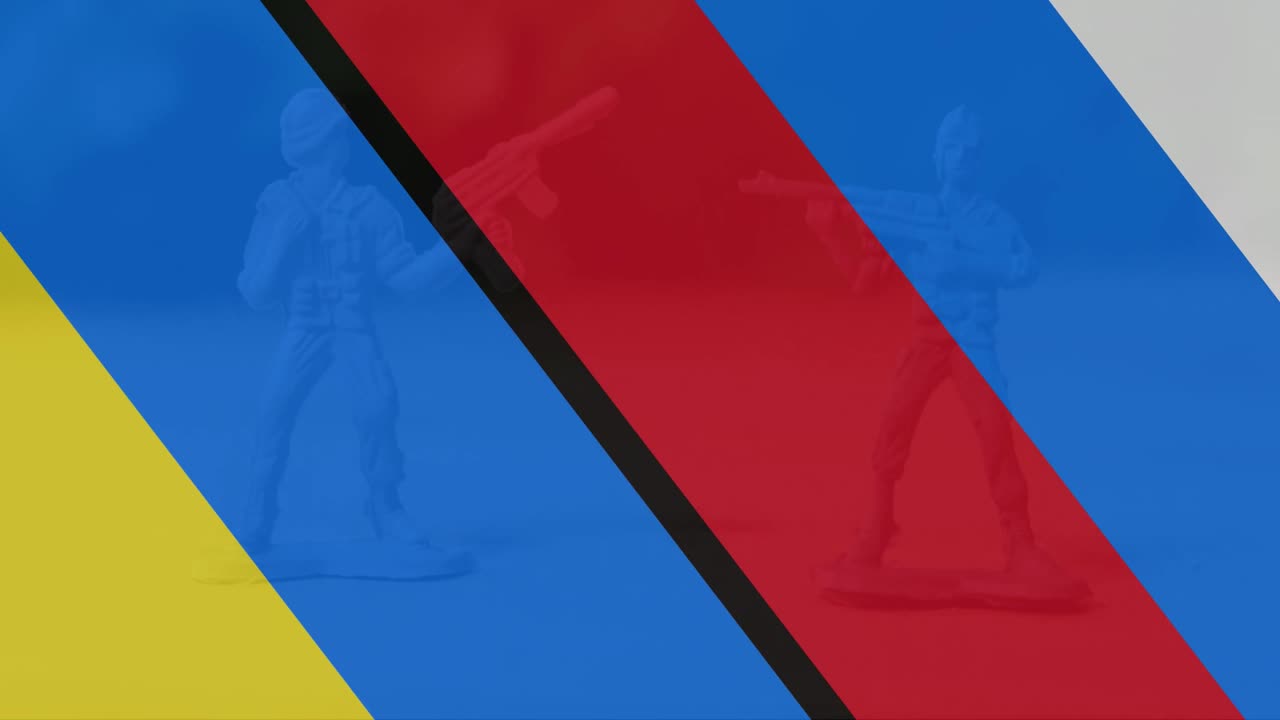 Animation of flag of ukraine and russia over soldiers toy models