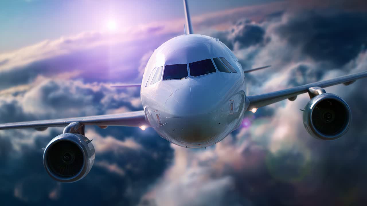 Un maestoso aeromobile che incanta su uno sfondo di nuvole serene e un orizzonte luminoso, catturando l'essenza del viaggio aereo e della libertà nei cieli