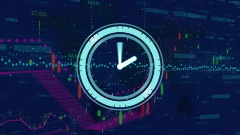 animation of neon ticking clock over financial data processing against blue background