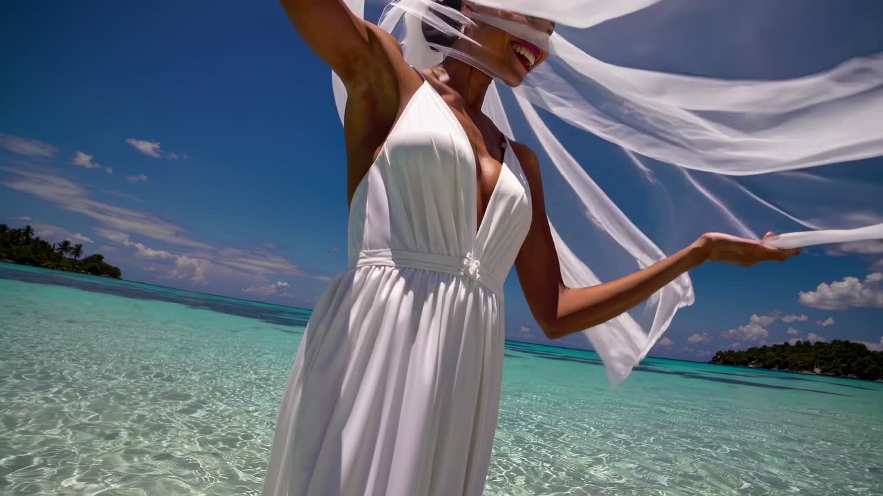 mujer con un vestido blanco en una playa tropical