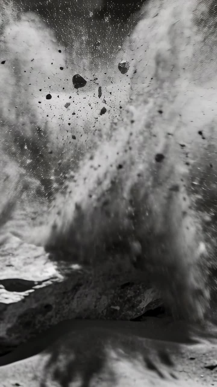 Vídeo vertical: Laje corroída em erupção, saliência desabando, arremessando detritos nas dunas, criando crateras
