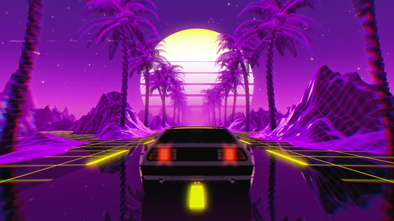 80년대 레트로 퓨처리즘 sf 시엄리스 루프: 빈티지 자동차와 함께 vj 풍경