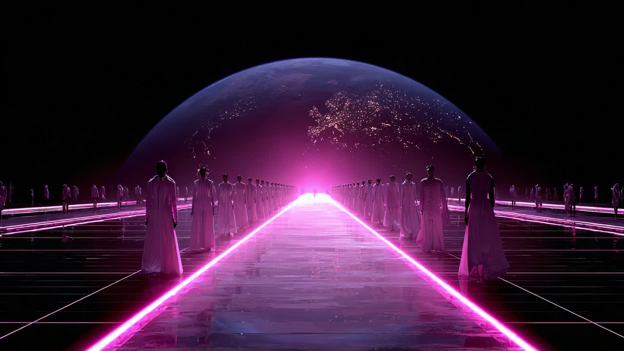 A futuristic gathering unfolds under a cosmic sky as mysterious figures adorned in flowing garments line a radiant pathway illuminated by vibrant pink lights, leading toward an unknown destination