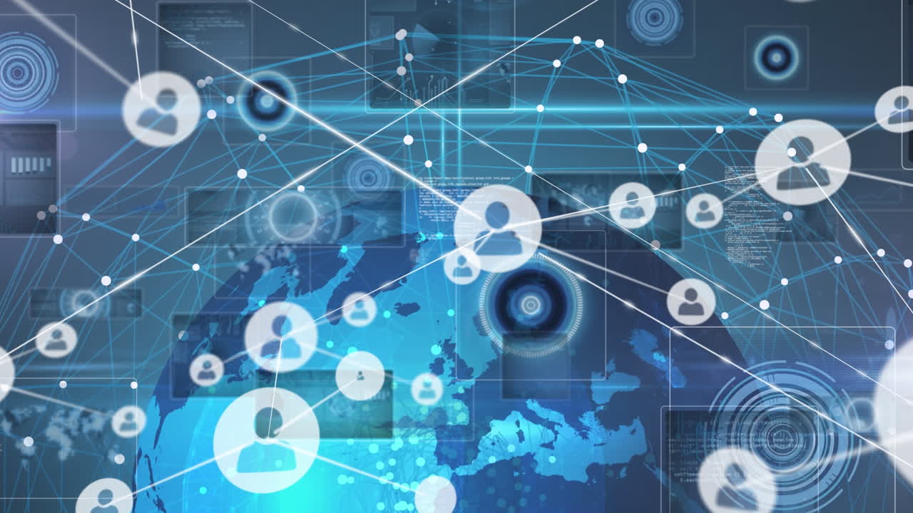 디지털 인터페이스와 글로브의 비디오, 연결의 네트워크, 어두운 연결에 대한 텍스트