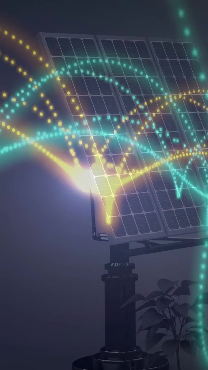 Video verticale: Appaiono deboli punti color verde acqua e oro, un pannello solare riceve onde che mostrano il flusso di energia.