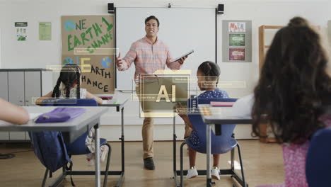 animation of ai text and data over diverse schoolchildren and male teacher