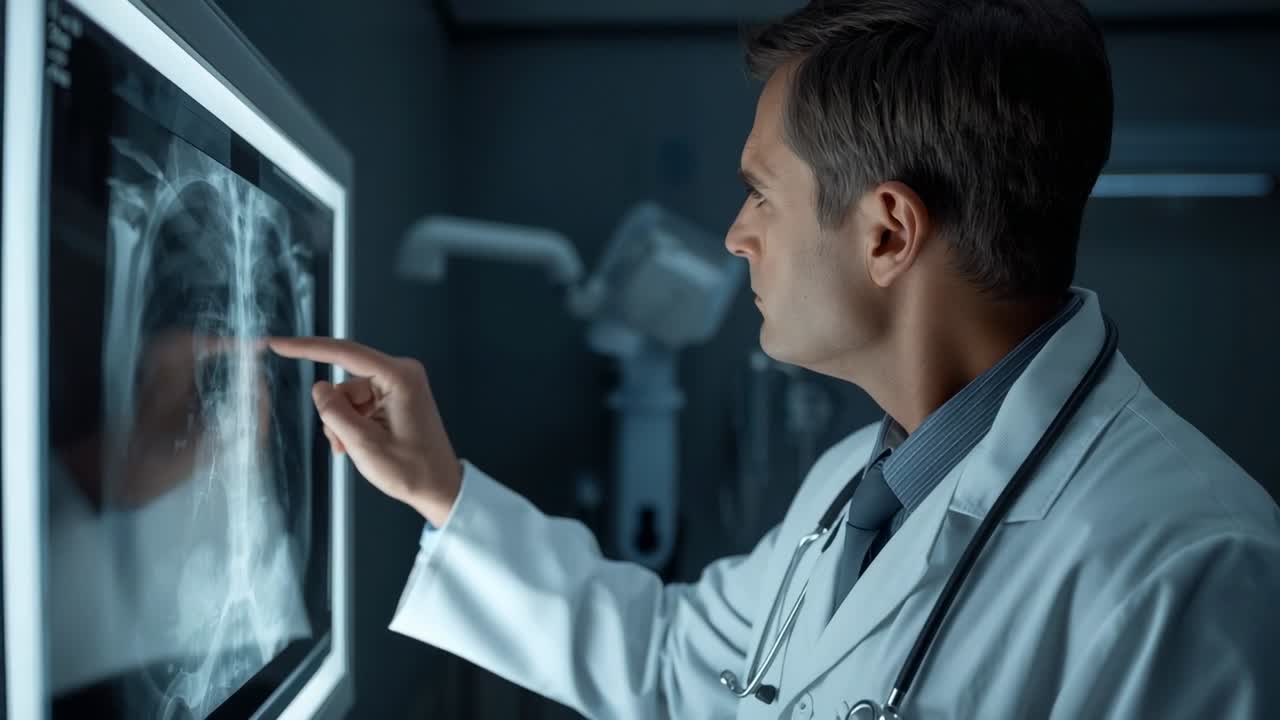 Pointing physician tracing chest X-ray in radiology lab, with stethoscope and display, copy space
