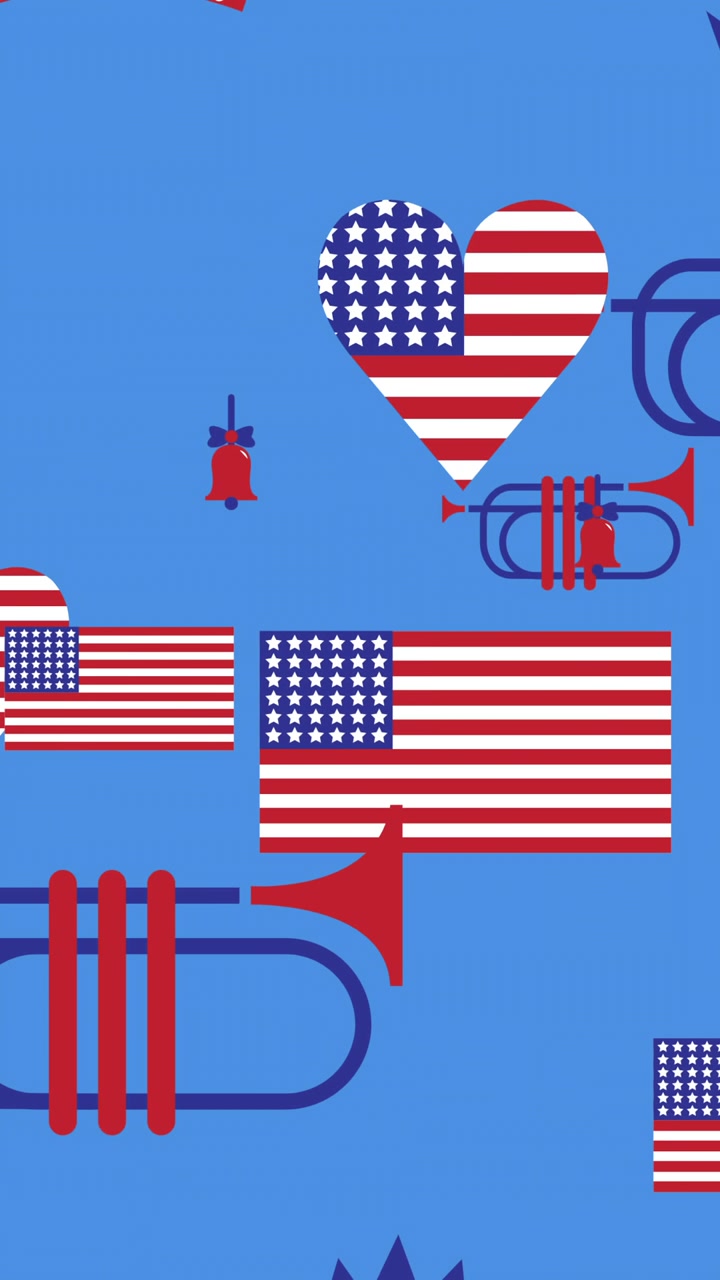 Animation of american flags and independence day icons moving over blue background