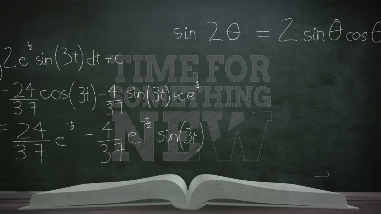 Animation of time for something new text over book and mathematical equations