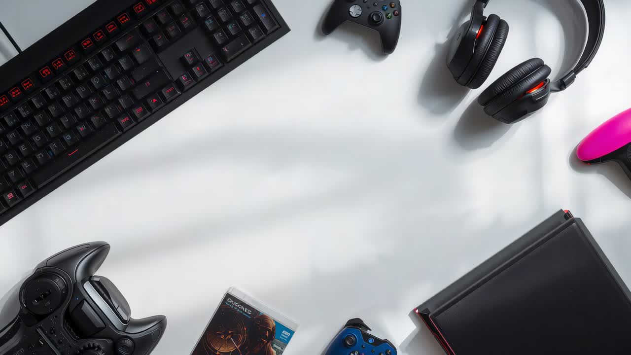 Panning camera showing keyboard, gamepad, headset and tablet on desk, lighting shifting for display
