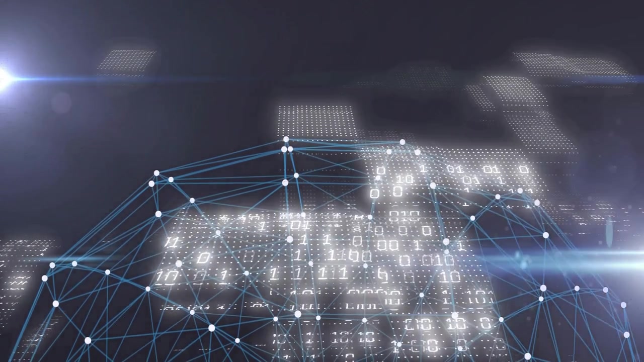 Animation of digital network connections overlaying illuminated cityscape at night