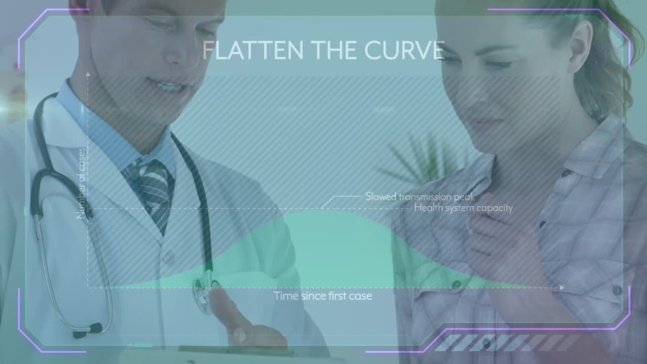 Animation of data processing over caucasian male doctor with patient