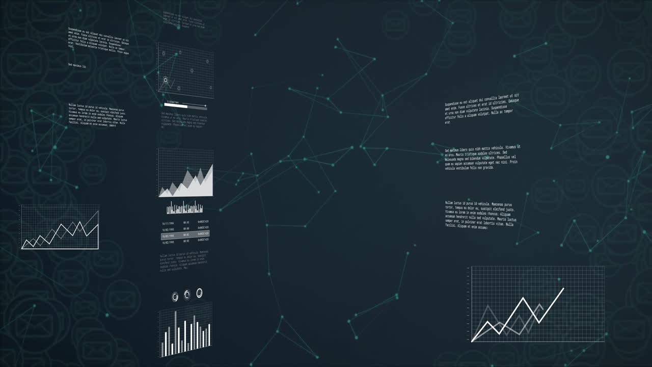 Animation of data charts and graphs over network connections on dark background