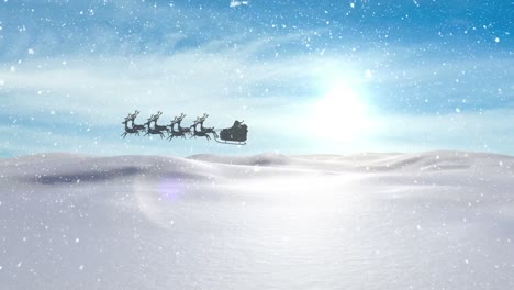 Animation-of-santa-claus-in-sleigh-with-reindeer-moving-over-moon-and-winter-landscape