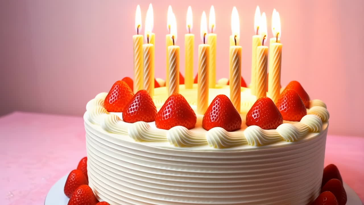 A delicious birthday cake topped with lit candles and fresh strawberries