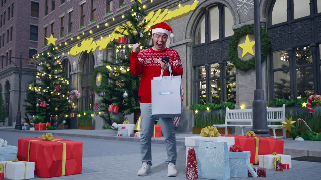 feliz comprador celebrando la navidad en línea