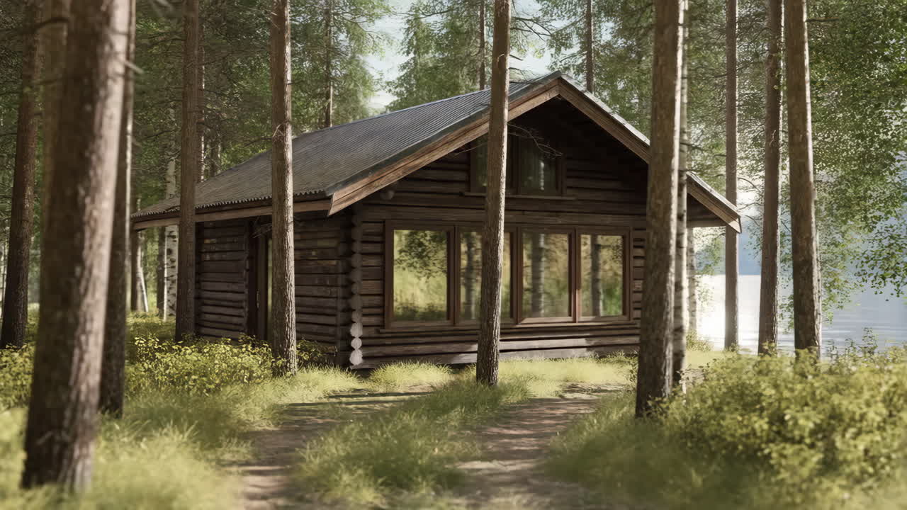 Rustic Wooden Cabin in a Serene Forest by a Lake