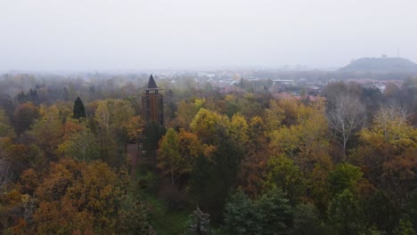 Torre-De-Vigilancia-En-El-Bosque,-Empuje-Aéreo-En-El-Establecimiento