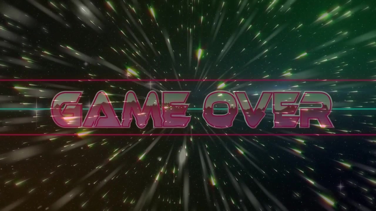 Vertical video: magenta GAMEOVER text spinning, center point driving stars red-bars ending gameplay