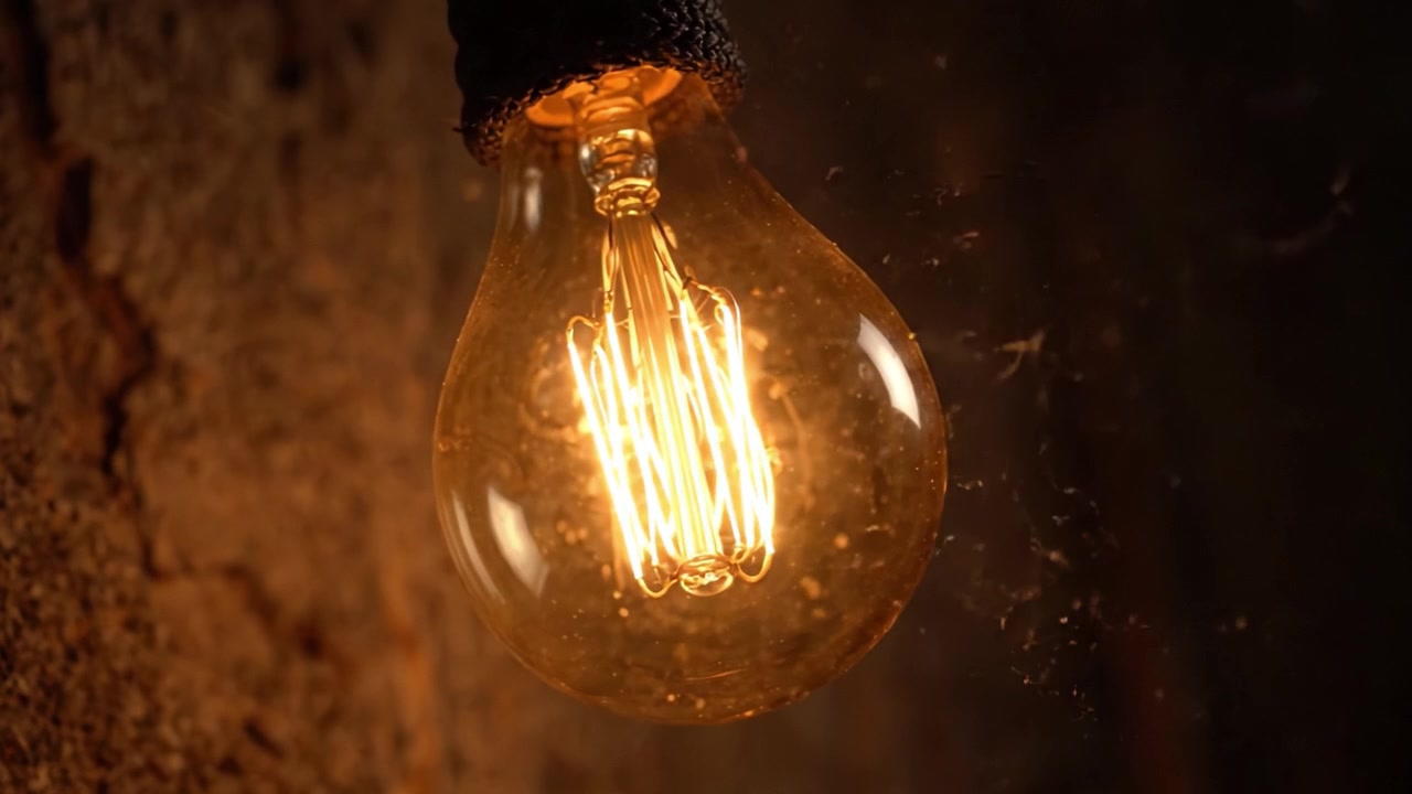 Una scoperta ravvicinata di una lampadina vintage illuminante che cattura il caldo bagliore e gli intricati dettagli del filamento su uno sfondo rustico scuro.