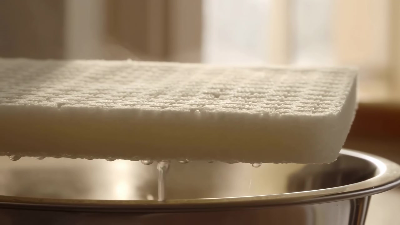 Eine Nahaufnahme aus niedrigem Winkel zeigt ein weißes, strukturiertes, saugfähiges Pad, das über einer reflektierenden Edelstahlschale schwebt, während sich Wassertropfen an der Unterseite des Pads bilden und sich als Tropfen lösen, die zum Schalenrand fallen.