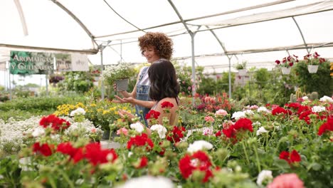 happy young women choosing flowering plant in nursery
