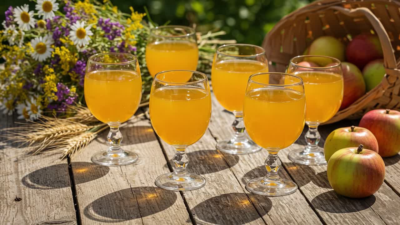 A Vibrant Display of Refreshing Juices and Fresh Apples Amidst a Lush Garden Background, Perfect for Summer Gatherings and Celebrations