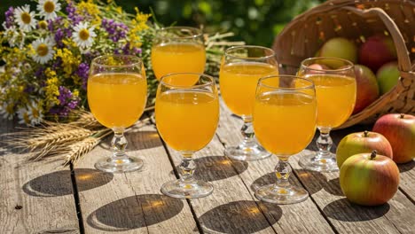 a vibrant display of refreshing juices and fresh apples amidst a lush garden background, perfect for summer gatherings and celebrations