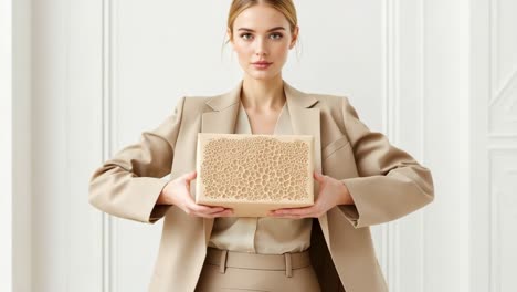 elegant woman dressed in a beige suit is holding a textured box with intricate design, standing in a bright interior space, showcasing a blend of fashion and product presentation