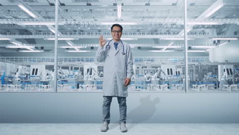 cuerpo lleno de médico masculino asiático con estetoscopio mostrando bien gesto y sonriendo en el laboratorio