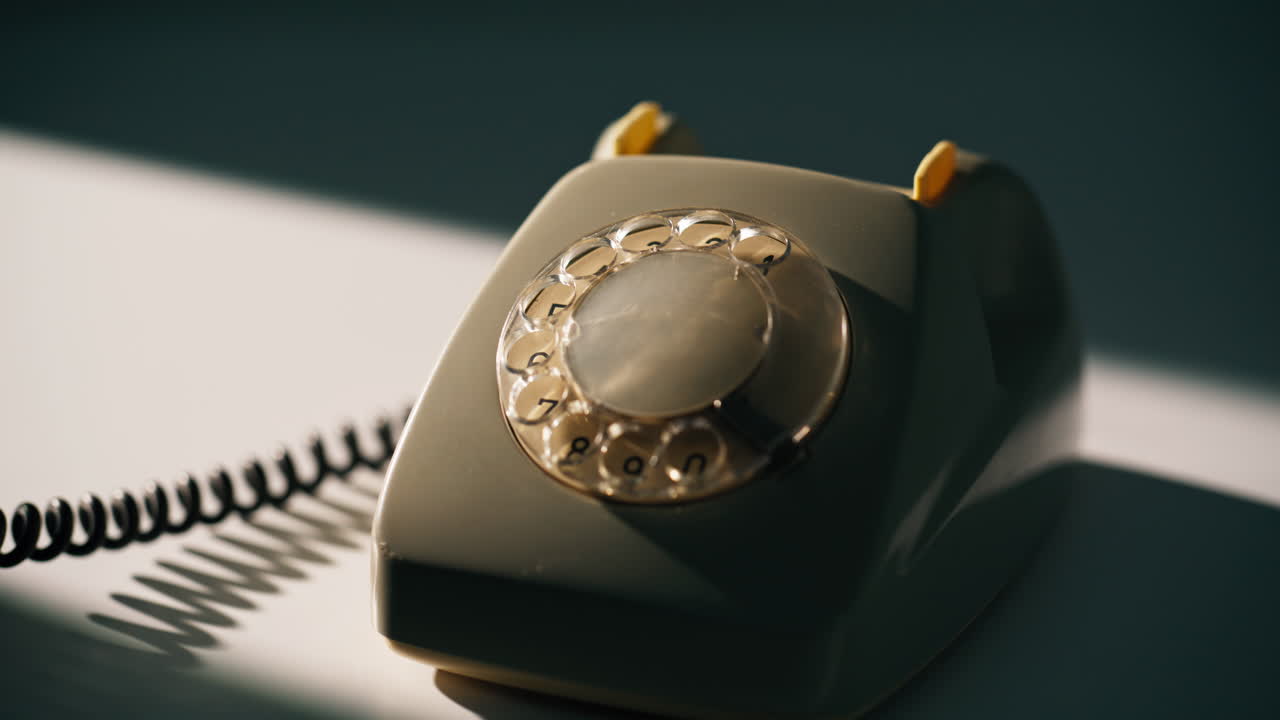 Hand hang up retro telephone standing on desk in evening shadow closeup
