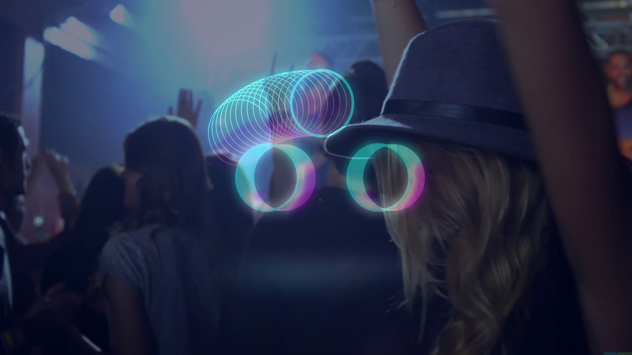 Woman wearing fedora dancing under stage lights in music club, with animated microphone icon