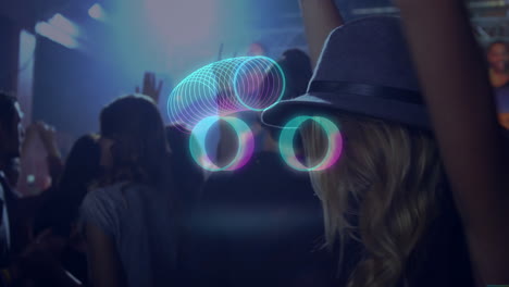 woman wearing fedora dancing under stage lights in music club, with animated microphone icon