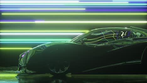 futuristic concept. sports car on the background of glowing neon lines. blue green color. 3d animation of seamless loop