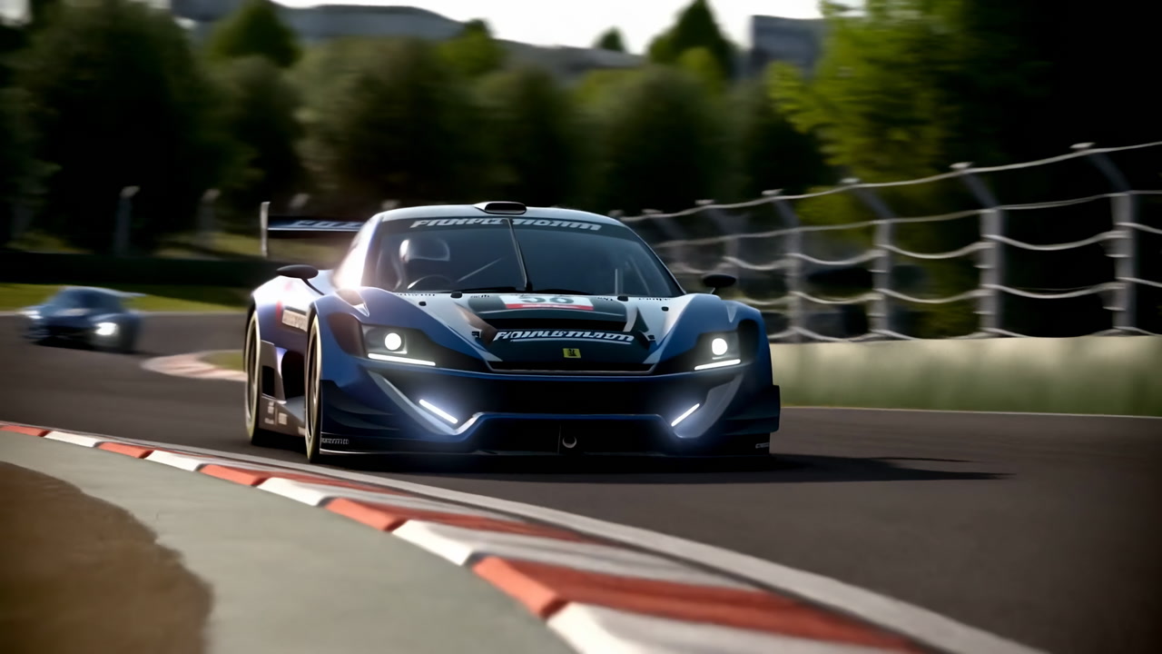 Blue Sportscar Cornering On Sunlit Track, Low Front Angle Closeup Shot Showing Aggressive Apex, Glossy Livery