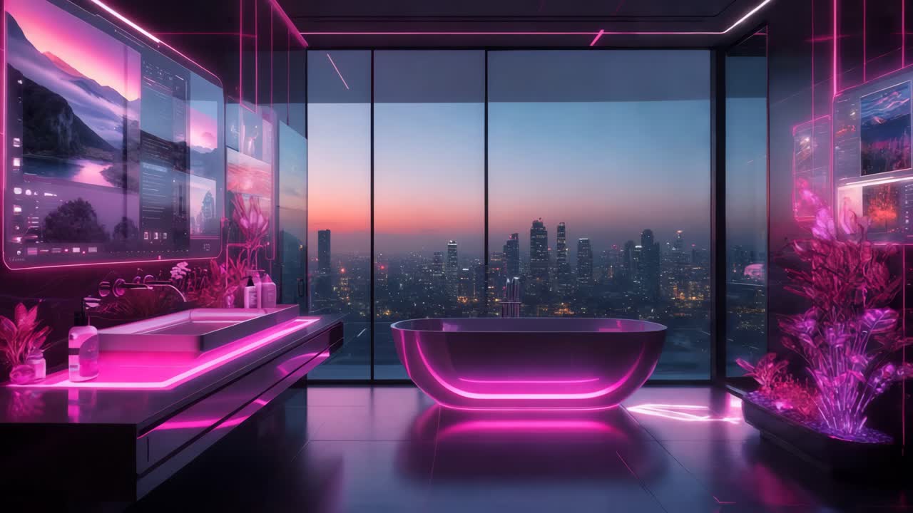 도시 전망을 가진 미래의 분홍색 욕실